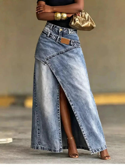 High-Waisted Asymmetric Slit Denim Maxi Skirt - Bitsy Gypsy Boutique