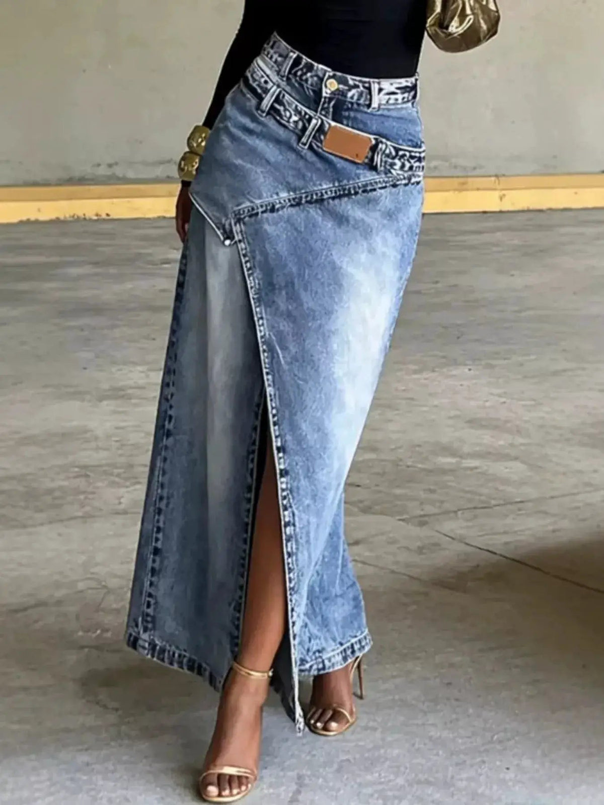 High-Waisted Asymmetric Slit Denim Maxi Skirt - Bitsy Gypsy Boutique