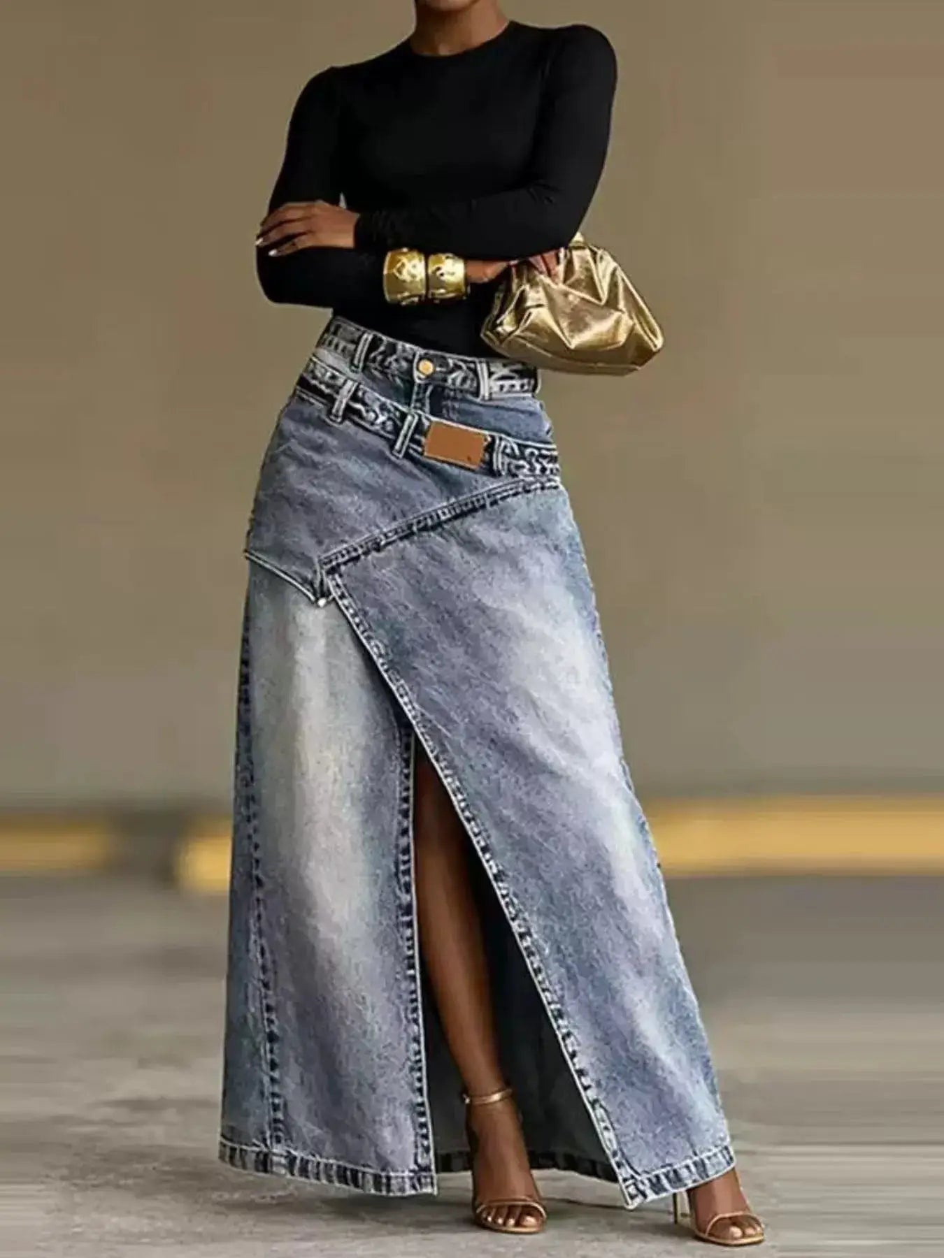 High-Waisted Asymmetric Slit Denim Maxi Skirt - Bitsy Gypsy Boutique