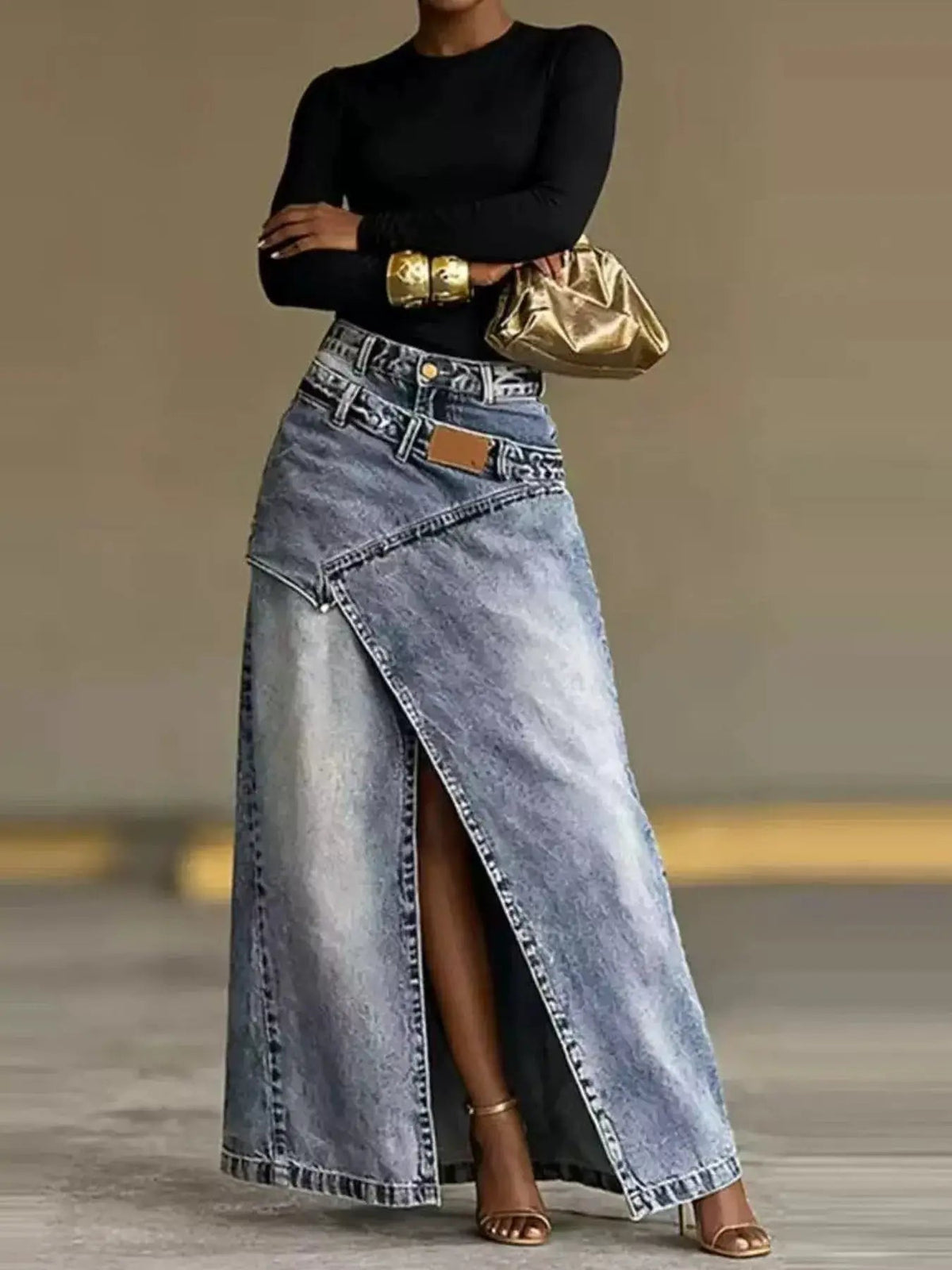 High-Waisted Asymmetric Slit Denim Maxi Skirt - Bitsy Gypsy Boutique