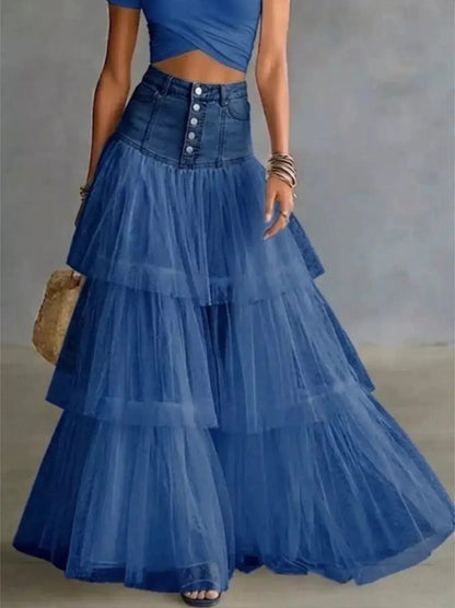 High-Waisted Button-Front Denim and Tulle Maxi Skirt - Bitsy Gypsy Boutique