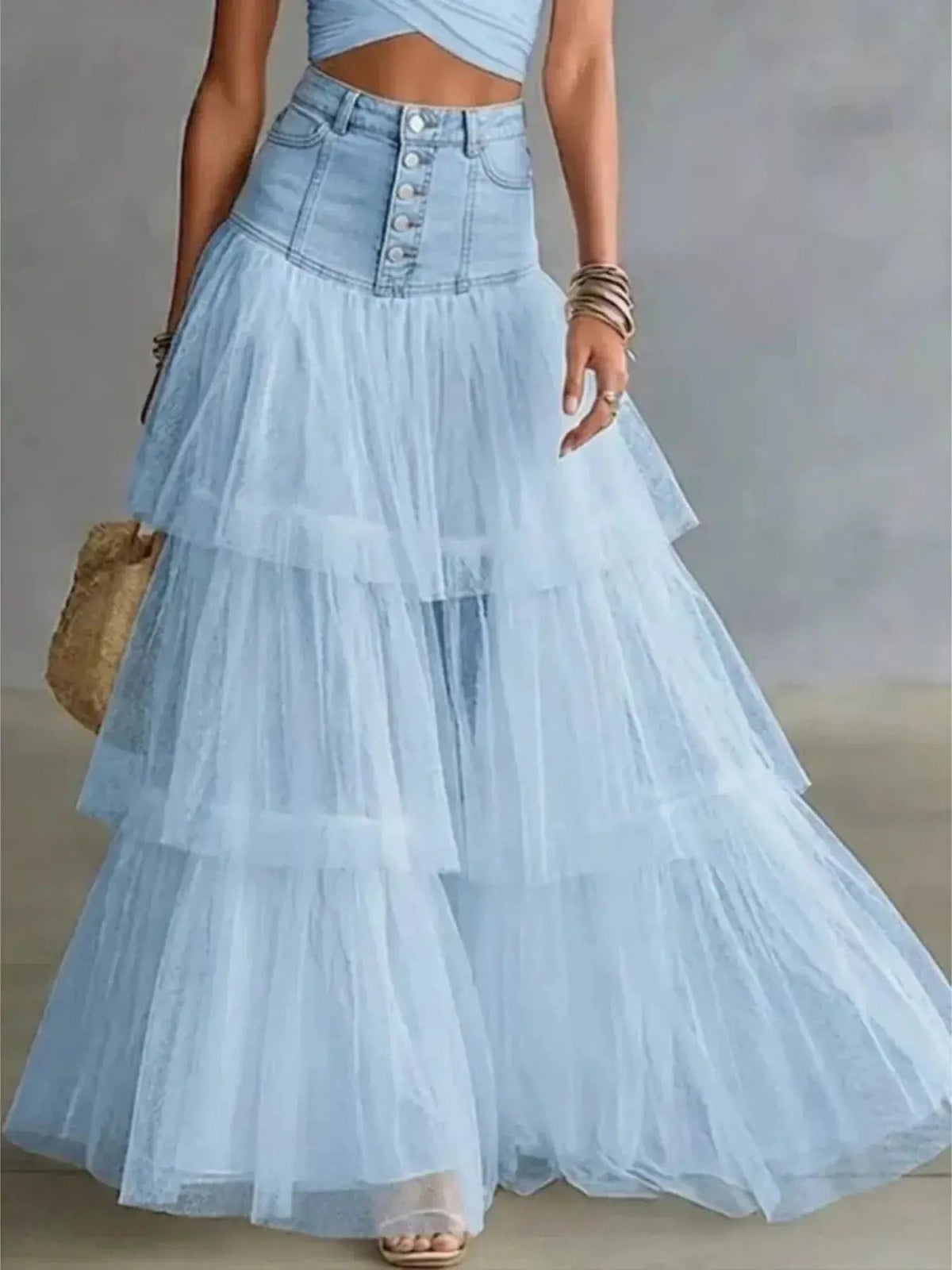 High-Waisted Button-Front Denim and Tulle Maxi Skirt - Bitsy Gypsy Boutique