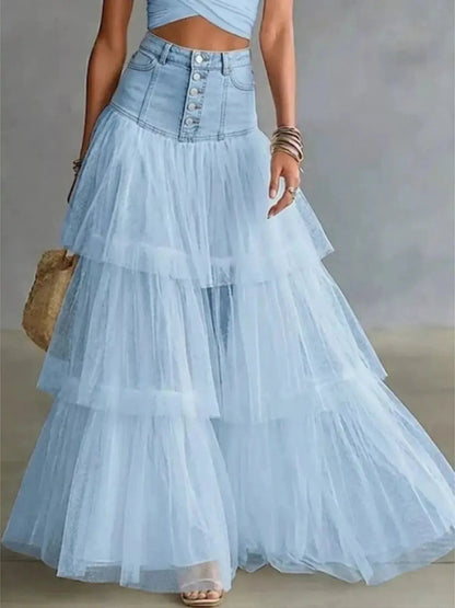 High-Waisted Button-Front Denim and Tulle Maxi Skirt - Bitsy Gypsy Boutique