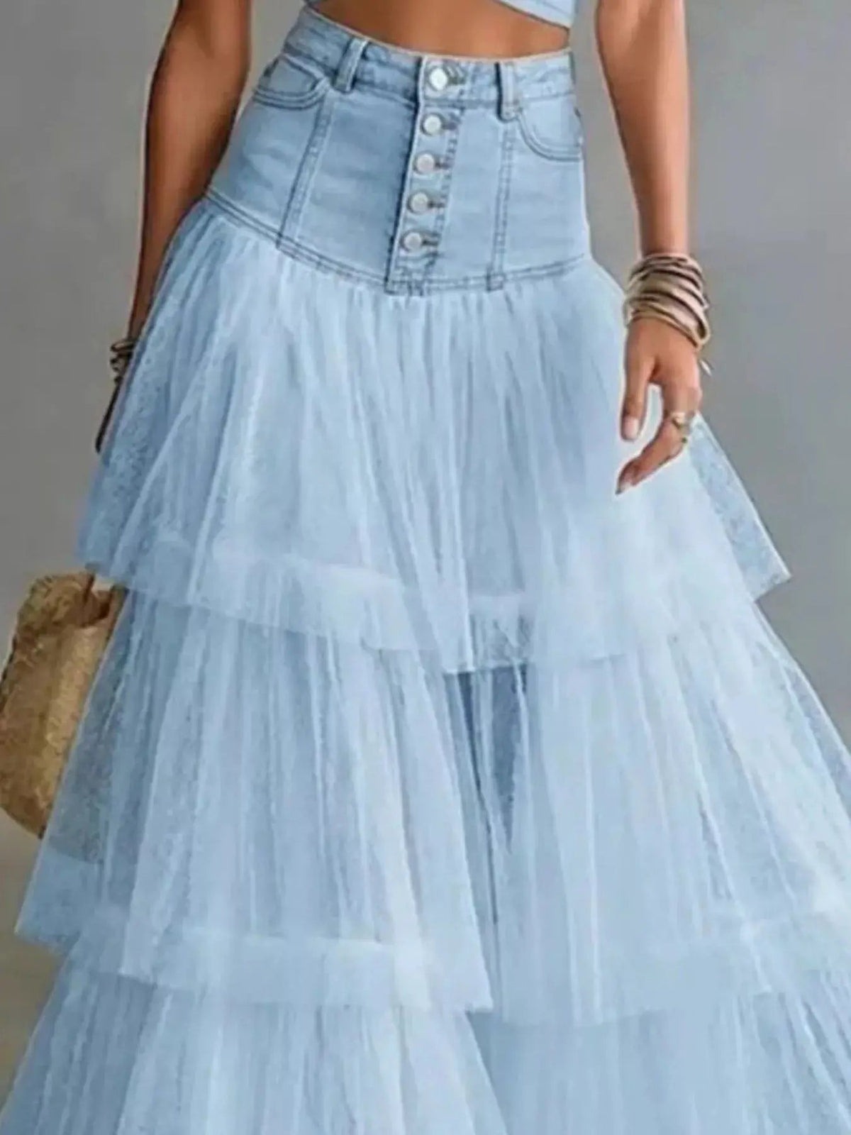 High-Waisted Button-Front Denim and Tulle Maxi Skirt - Bitsy Gypsy Boutique