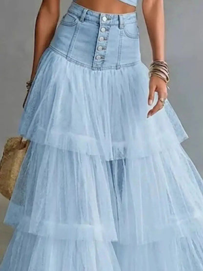 High-Waisted Button-Front Denim and Tulle Maxi Skirt - Bitsy Gypsy Boutique