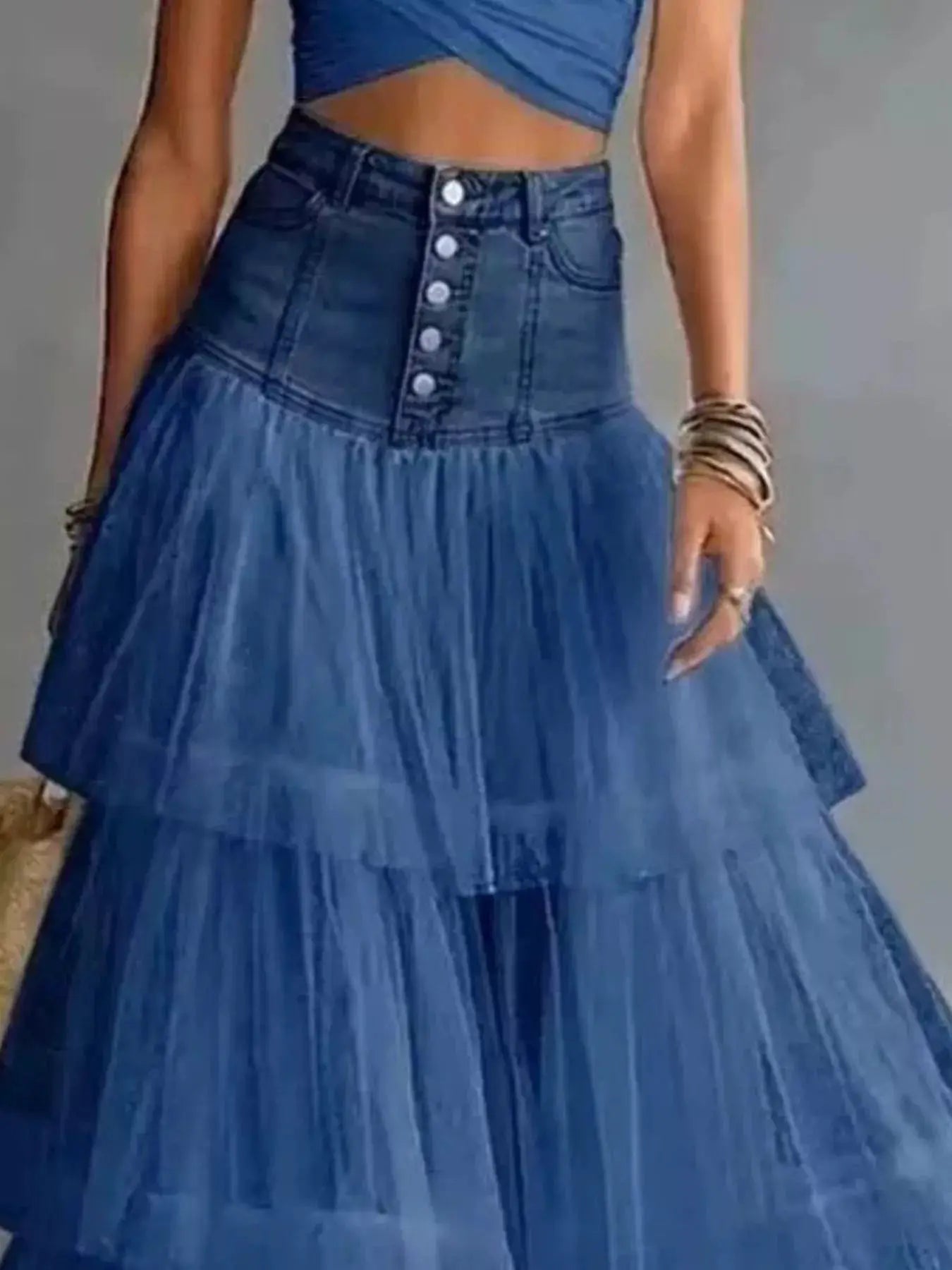 High-Waisted Button-Front Denim and Tulle Maxi Skirt - Bitsy Gypsy Boutique