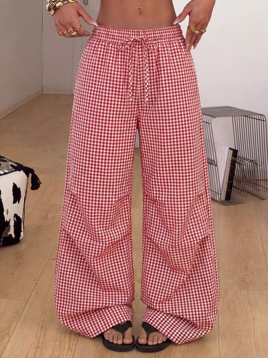 High-Waisted Gingham Wide-Leg Drawstring Pants - Bitsy Gypsy Boutique