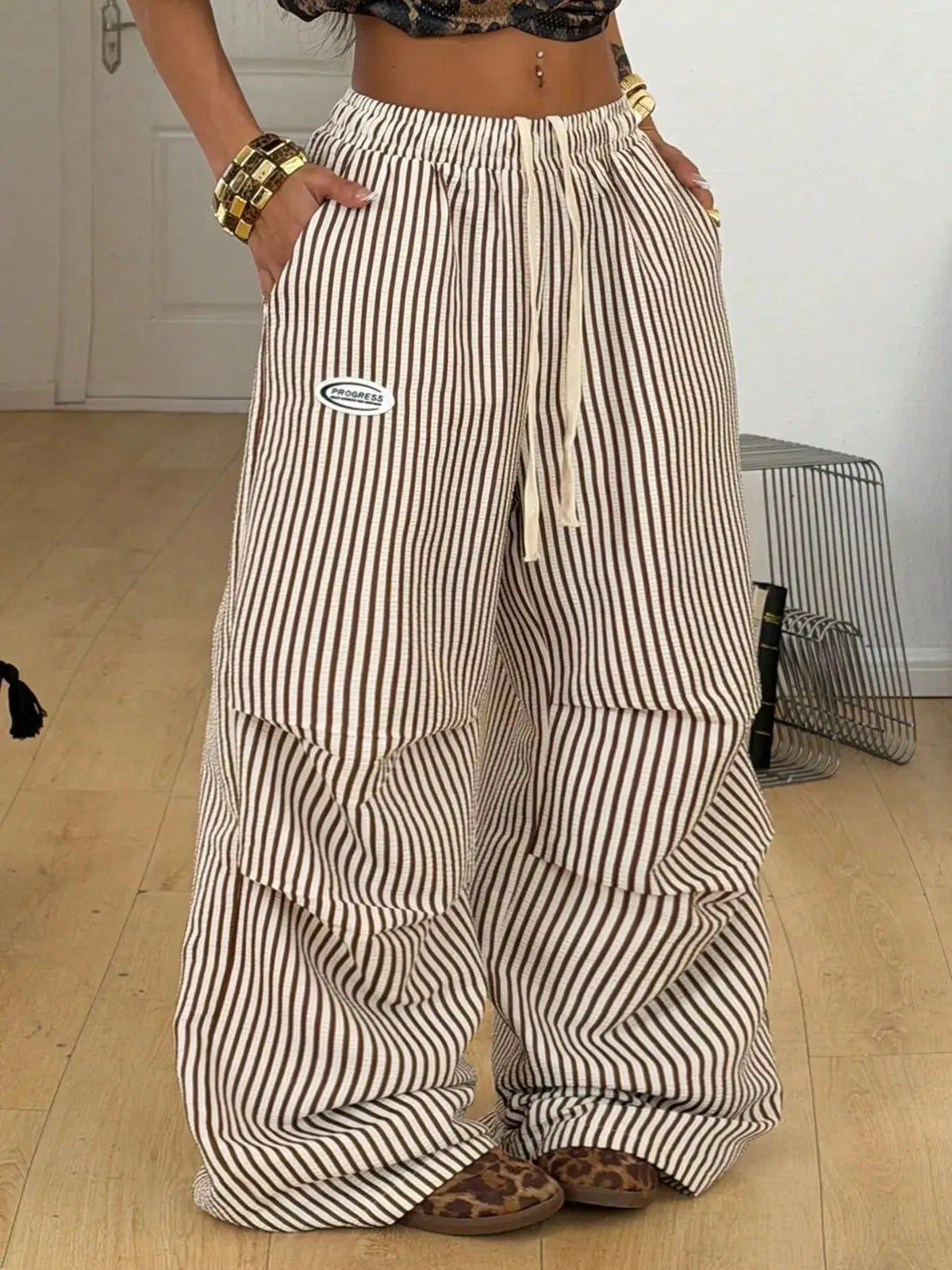 High-Waisted Striped Cargo Pants With Drawstring - Bitsy Gypsy Boutique