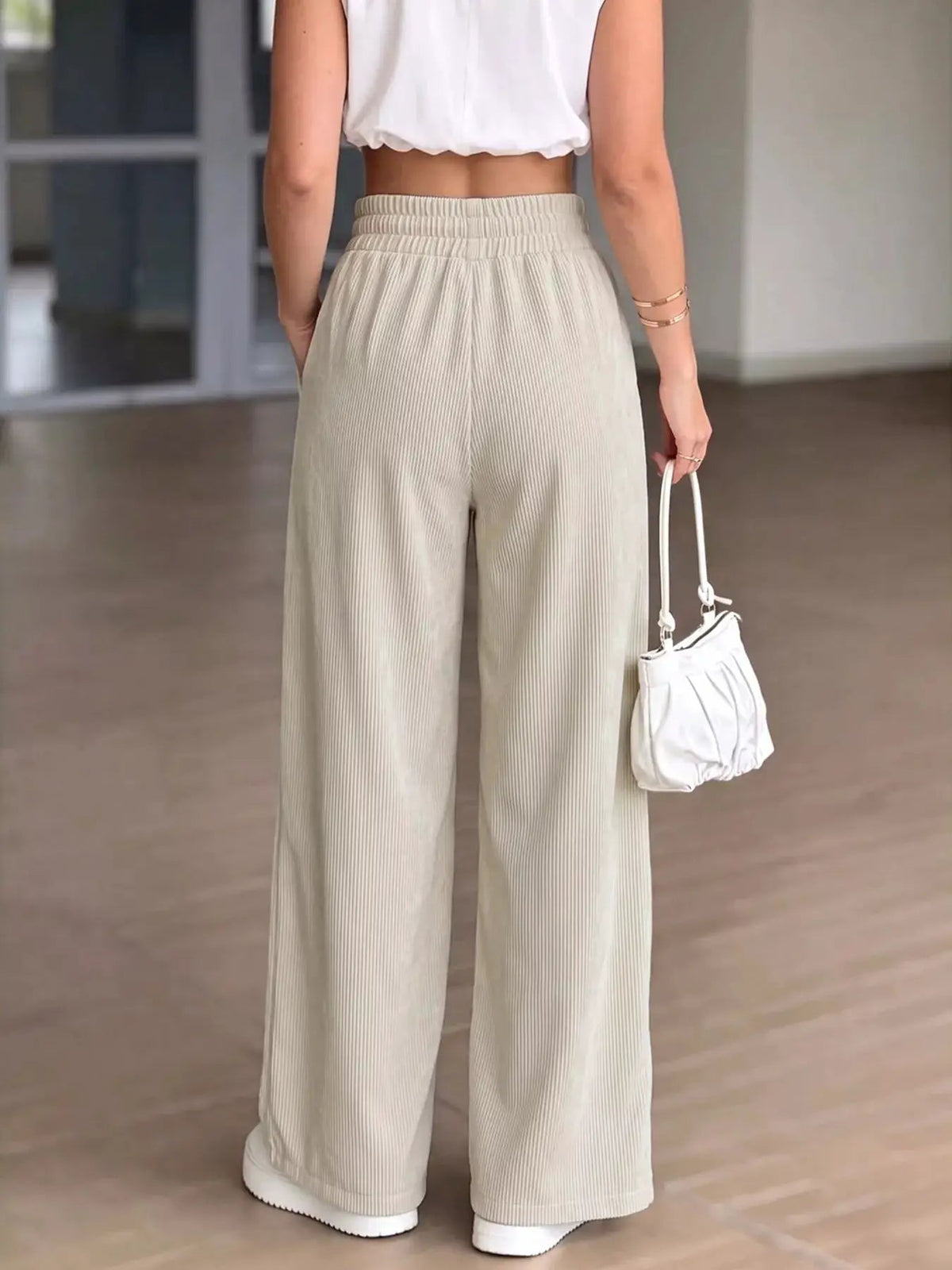 High Waisted Wide Leg Ribbed Pocketed Pants - Bitsy Gypsy Boutique