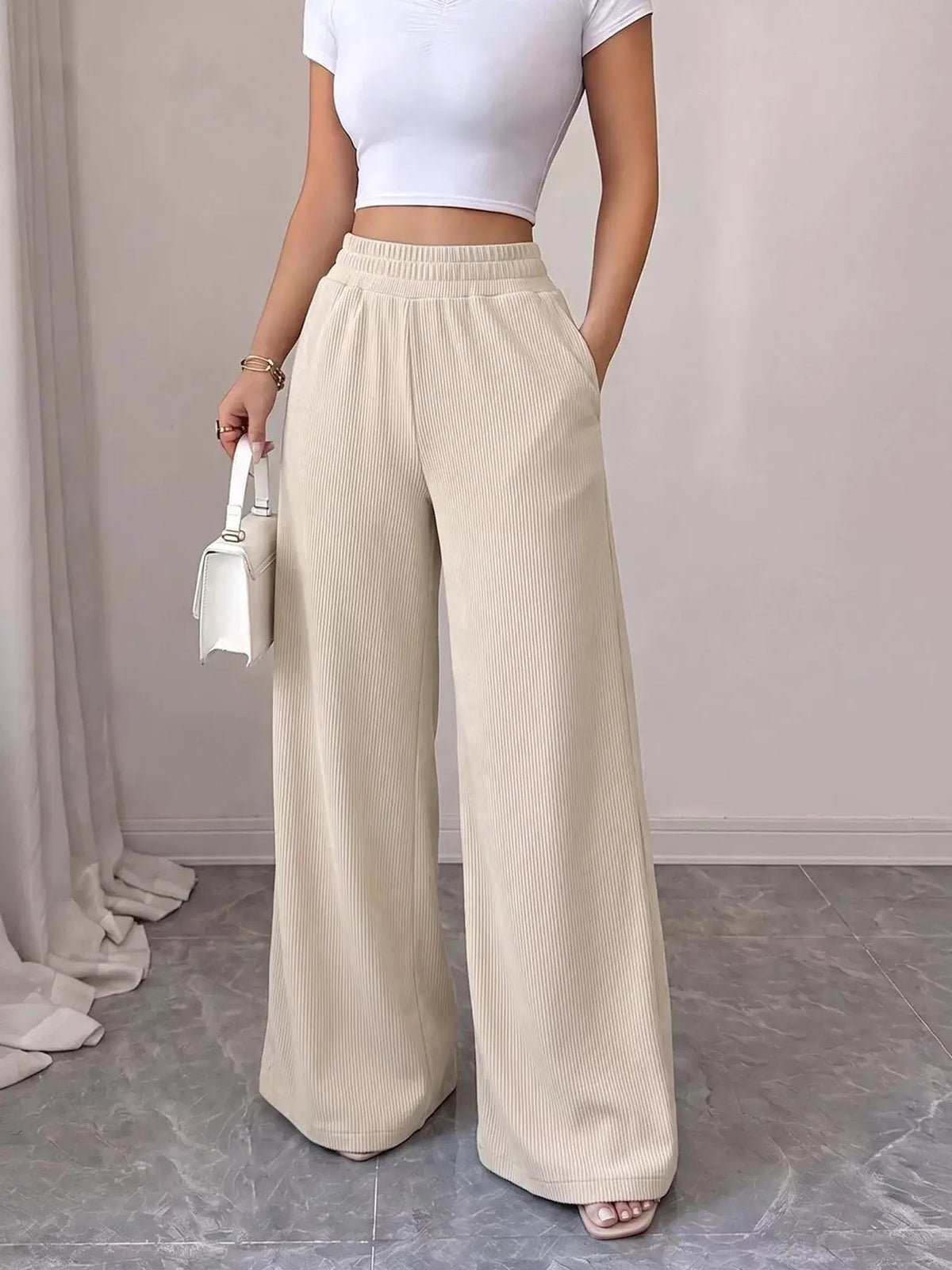 High Waisted Wide Leg Ribbed Pocketed Pants - Bitsy Gypsy Boutique