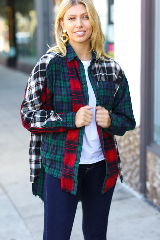 Holiday Plaid Cotton Color Block Cut - Edge Shacket - Bitsy Gypsy Boutique