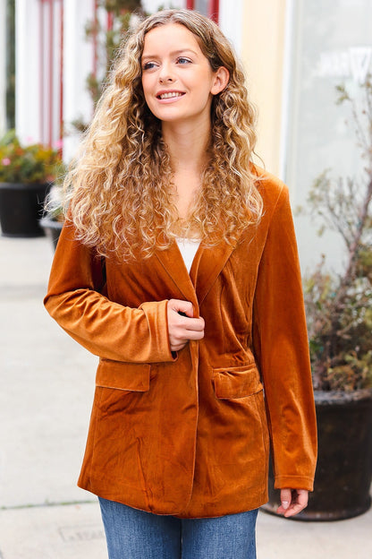 Holiday Stunner Rust Velvet Lapel Blazer - Bitsy Gypsy Boutique