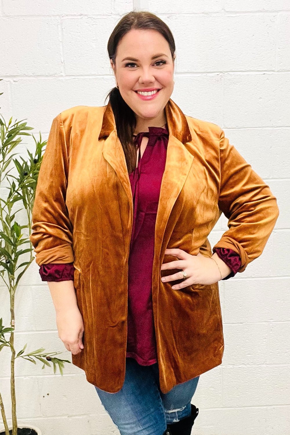 Holiday Stunner Rust Velvet Lapel Blazer - Bitsy Gypsy Boutique