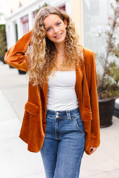 Holiday Stunner Rust Velvet Lapel Blazer - Bitsy Gypsy Boutique