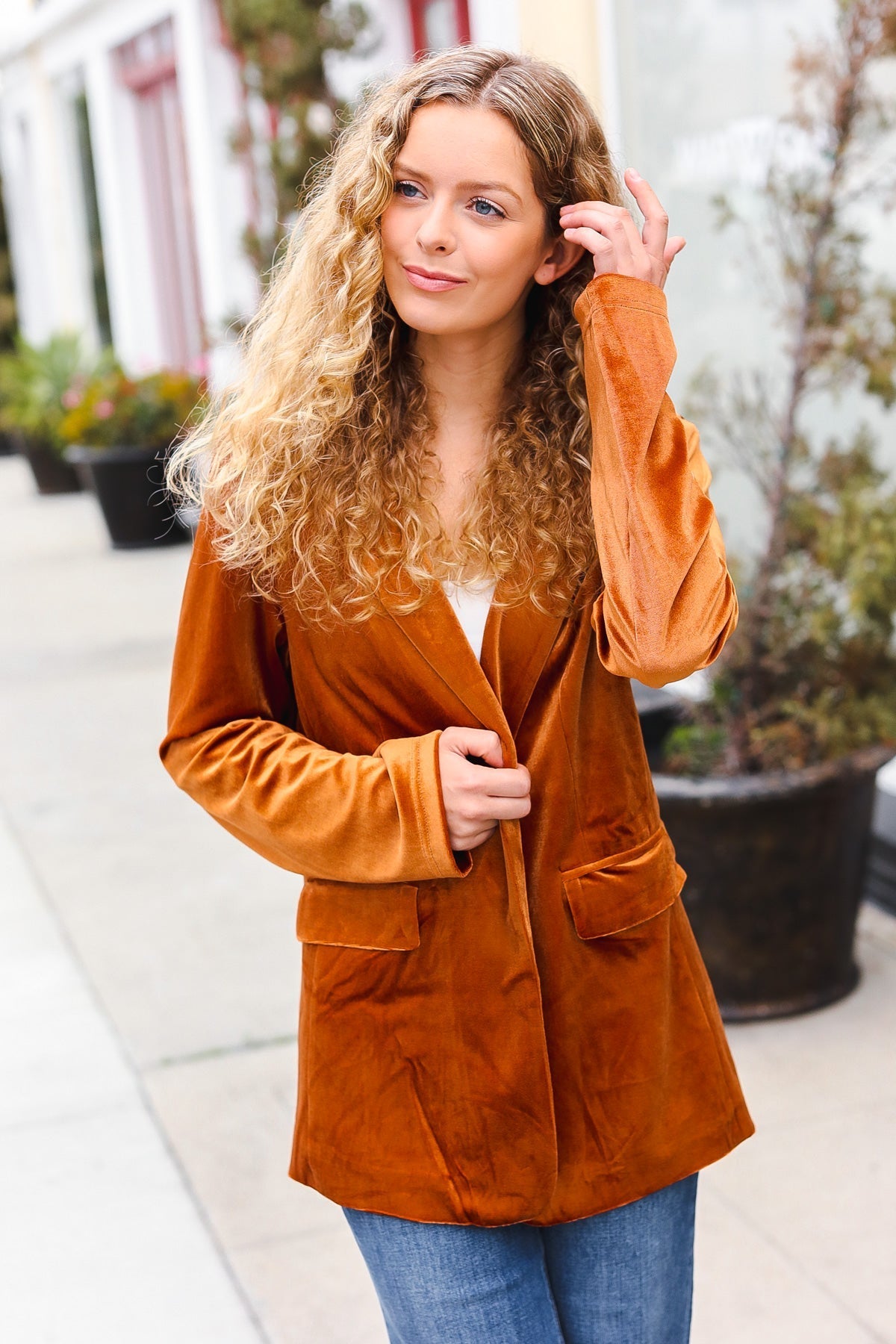 Holiday Stunner Rust Velvet Lapel Blazer - Bitsy Gypsy Boutique