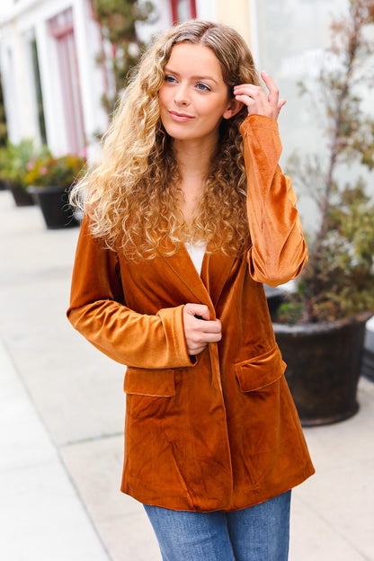 Holiday Stunner Rust Velvet Lapel Blazer - Bitsy Gypsy Boutique