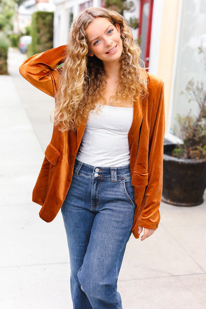 Holiday Stunner Rust Velvet Lapel Blazer - Bitsy Gypsy Boutique