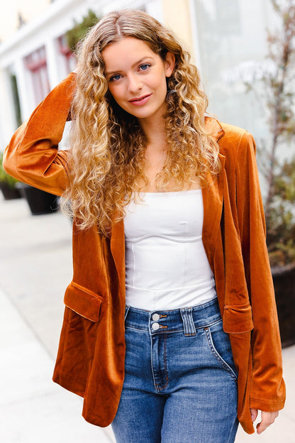 Holiday Stunner Rust Velvet Lapel Blazer - Bitsy Gypsy Boutique