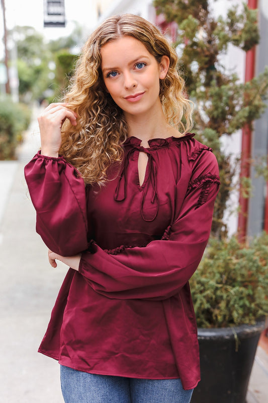 Holiday Vibes Burgundy Frill Detail Tie Neck Satin Top - Bitsy Gypsy Boutique