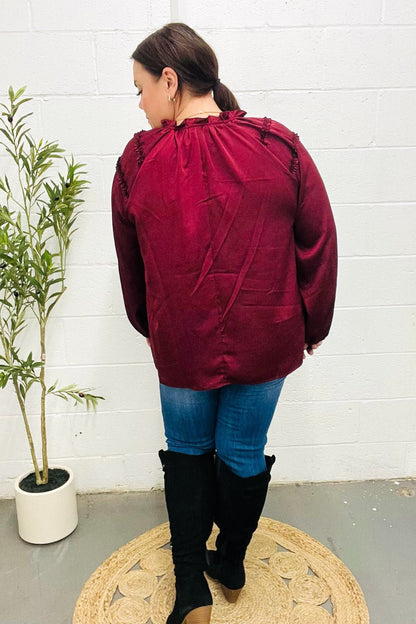 Holiday Vibes Burgundy Frill Detail Tie Neck Satin Top - Bitsy Gypsy Boutique