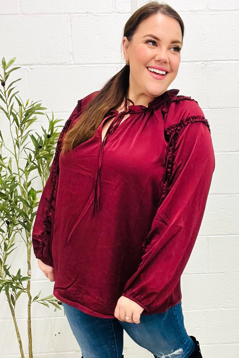 Holiday Vibes Burgundy Frill Detail Tie Neck Satin Top - Bitsy Gypsy Boutique