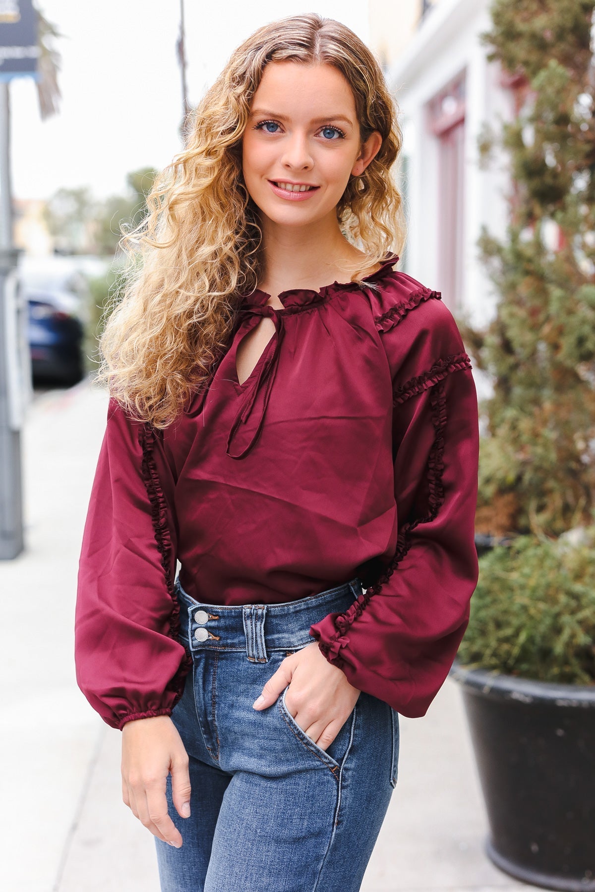 Holiday Vibes Burgundy Frill Detail Tie Neck Satin Top - Bitsy Gypsy Boutique