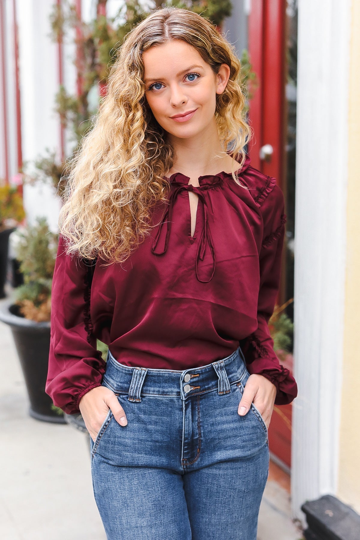 Holiday Vibes Burgundy Frill Detail Tie Neck Satin Top - Bitsy Gypsy Boutique