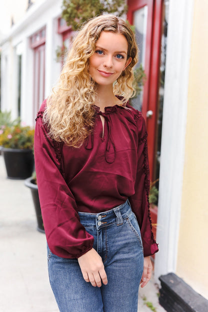 Holiday Vibes Burgundy Frill Detail Tie Neck Satin Top - Bitsy Gypsy Boutique