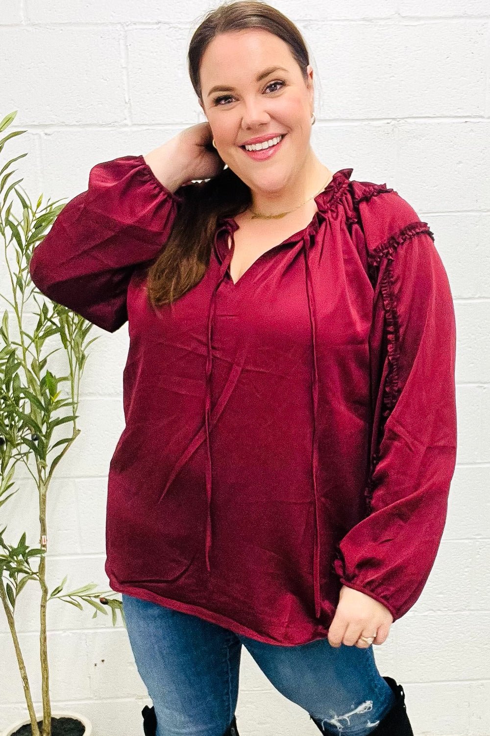 Holiday Vibes Burgundy Frill Detail Tie Neck Satin Top - Bitsy Gypsy Boutique