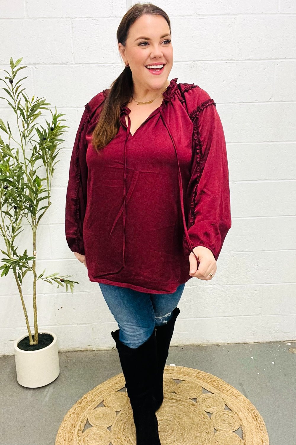 Holiday Vibes Burgundy Frill Detail Tie Neck Satin Top - Bitsy Gypsy Boutique