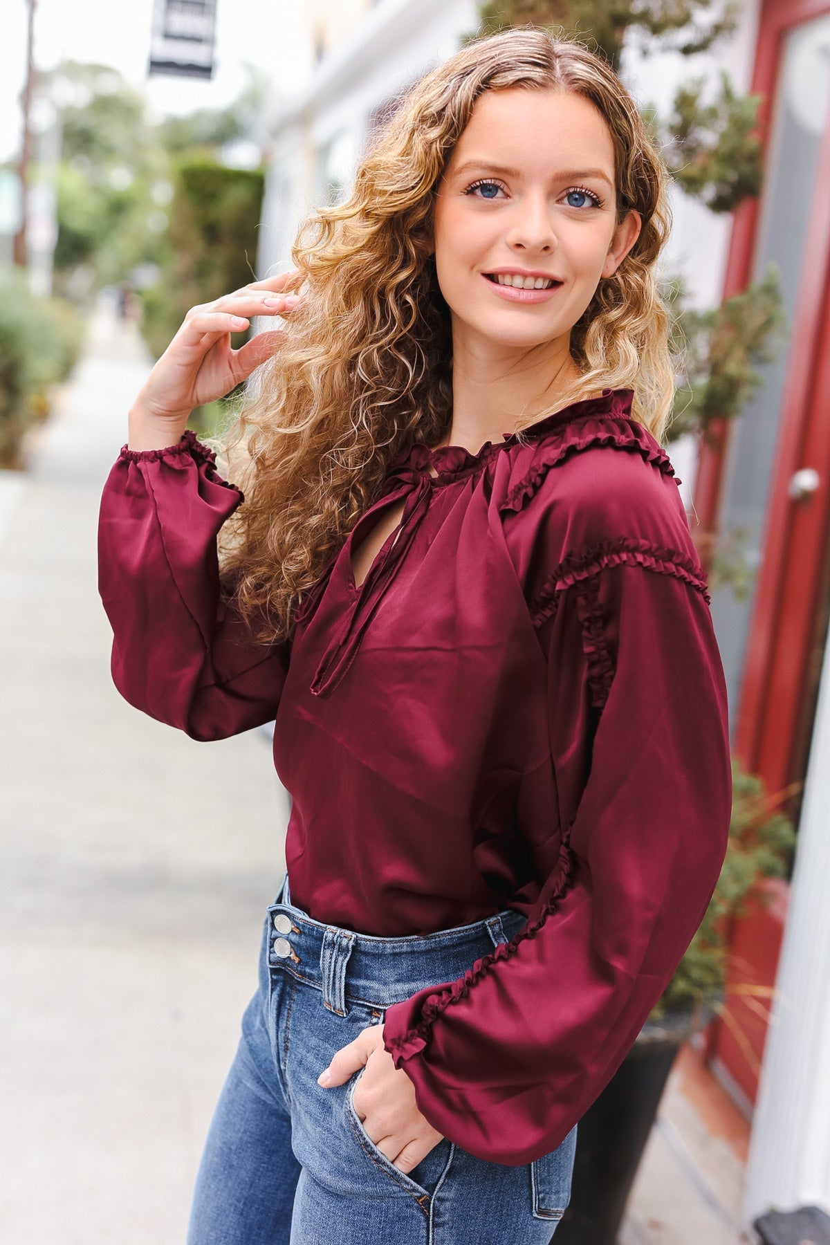 Holiday Vibes Burgundy Frill Detail Tie Neck Satin Top - Bitsy Gypsy Boutique