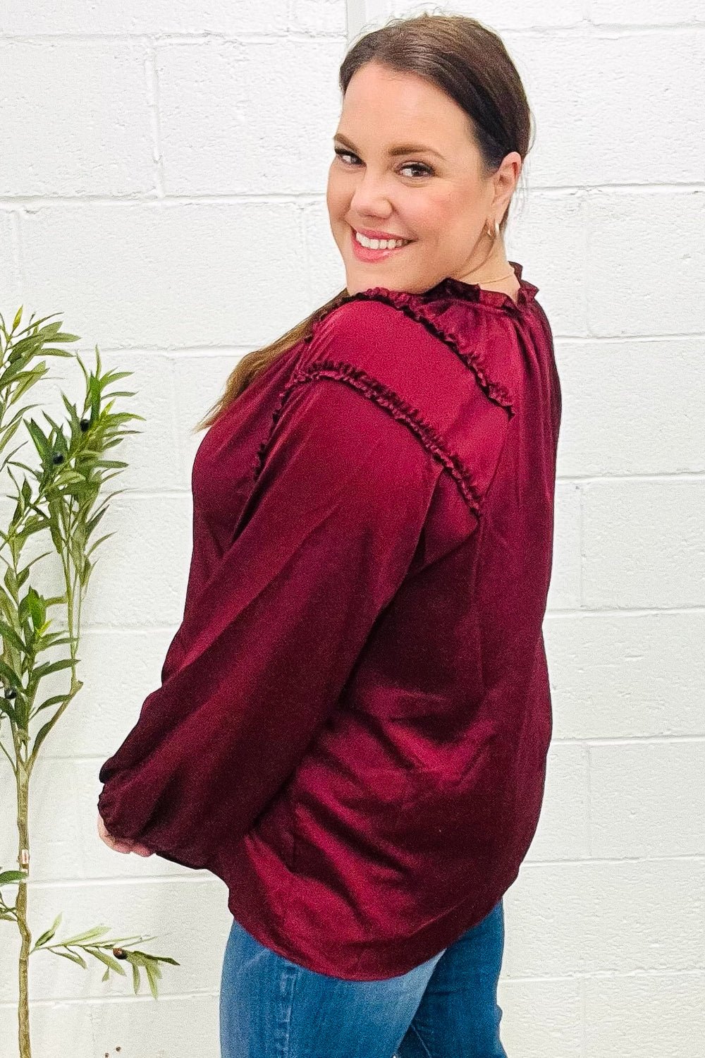 Holiday Vibes Burgundy Frill Detail Tie Neck Satin Top - Bitsy Gypsy Boutique