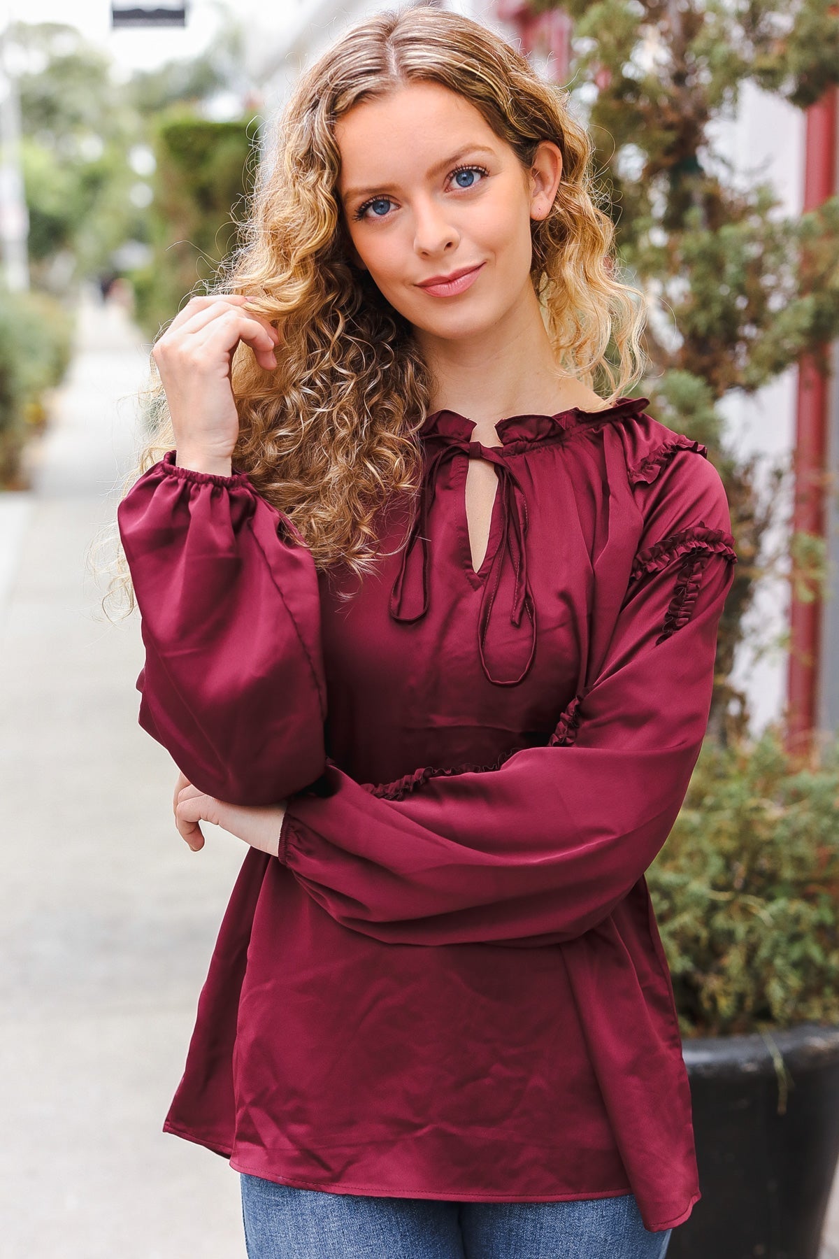 Holiday Vibes Burgundy Frill Detail Tie Neck Satin Top - Bitsy Gypsy Boutique