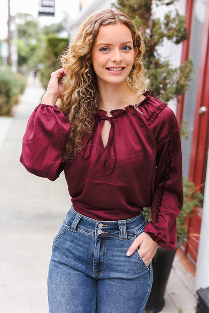 Holiday Vibes Burgundy Frill Detail Tie Neck Satin Top - Bitsy Gypsy Boutique