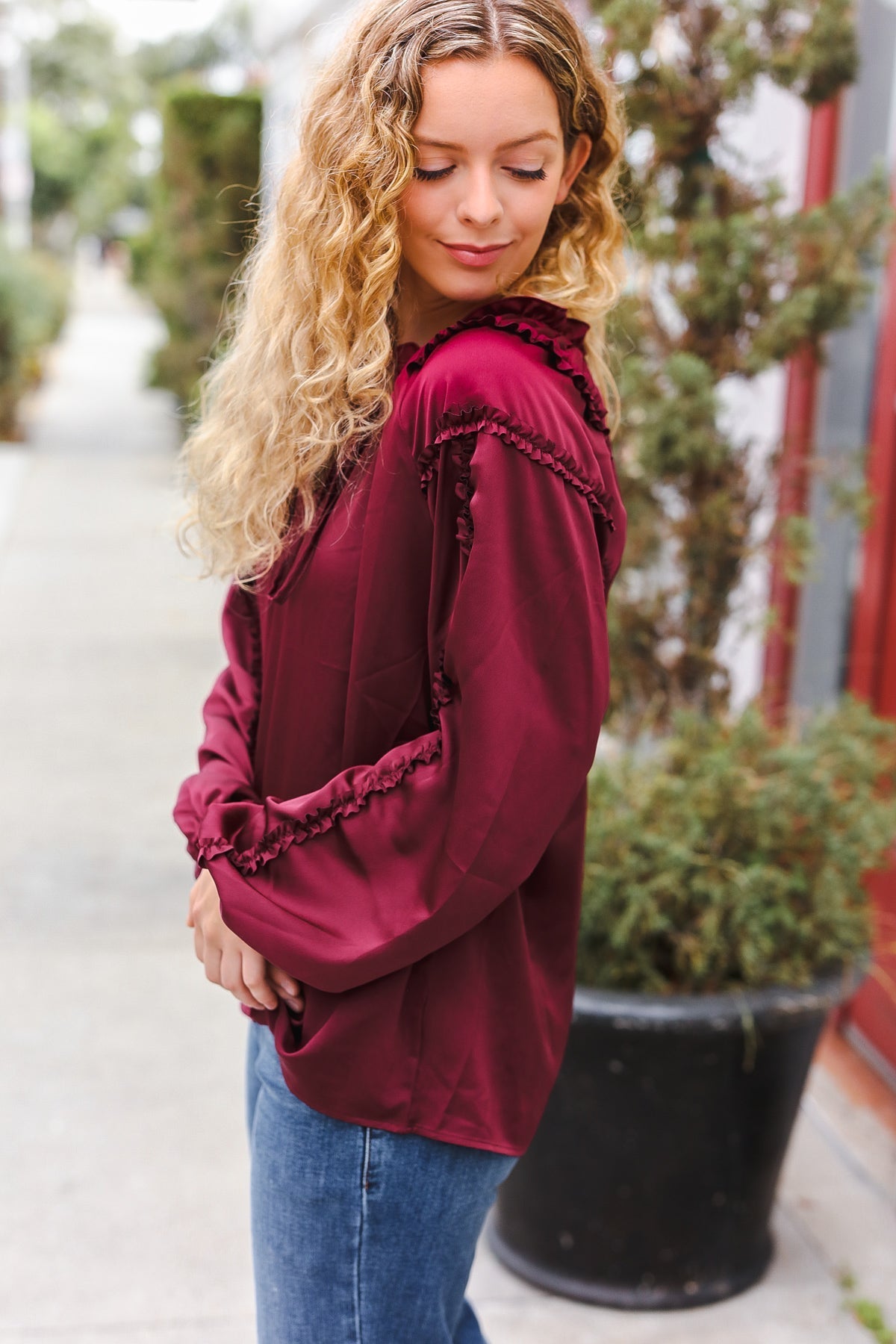 Holiday Vibes Burgundy Frill Detail Tie Neck Satin Top - Bitsy Gypsy Boutique