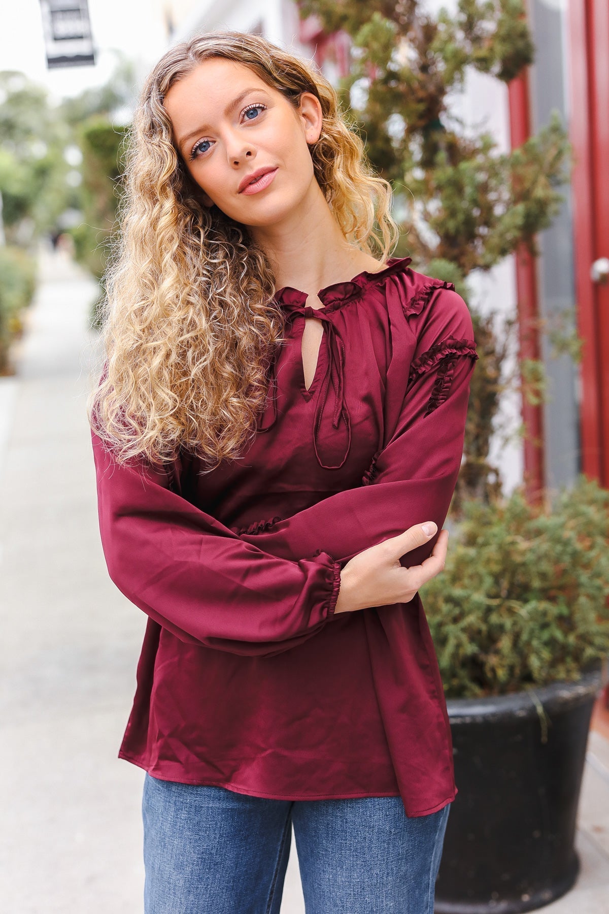 Holiday Vibes Burgundy Frill Detail Tie Neck Satin Top - Bitsy Gypsy Boutique