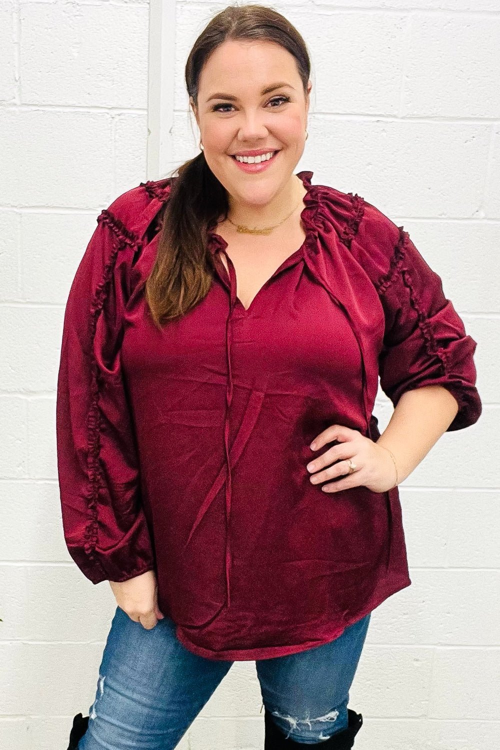Holiday Vibes Burgundy Frill Detail Tie Neck Satin Top - Bitsy Gypsy Boutique