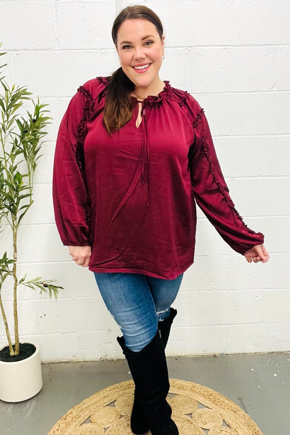 Holiday Vibes Burgundy Frill Detail Tie Neck Satin Top - Bitsy Gypsy Boutique