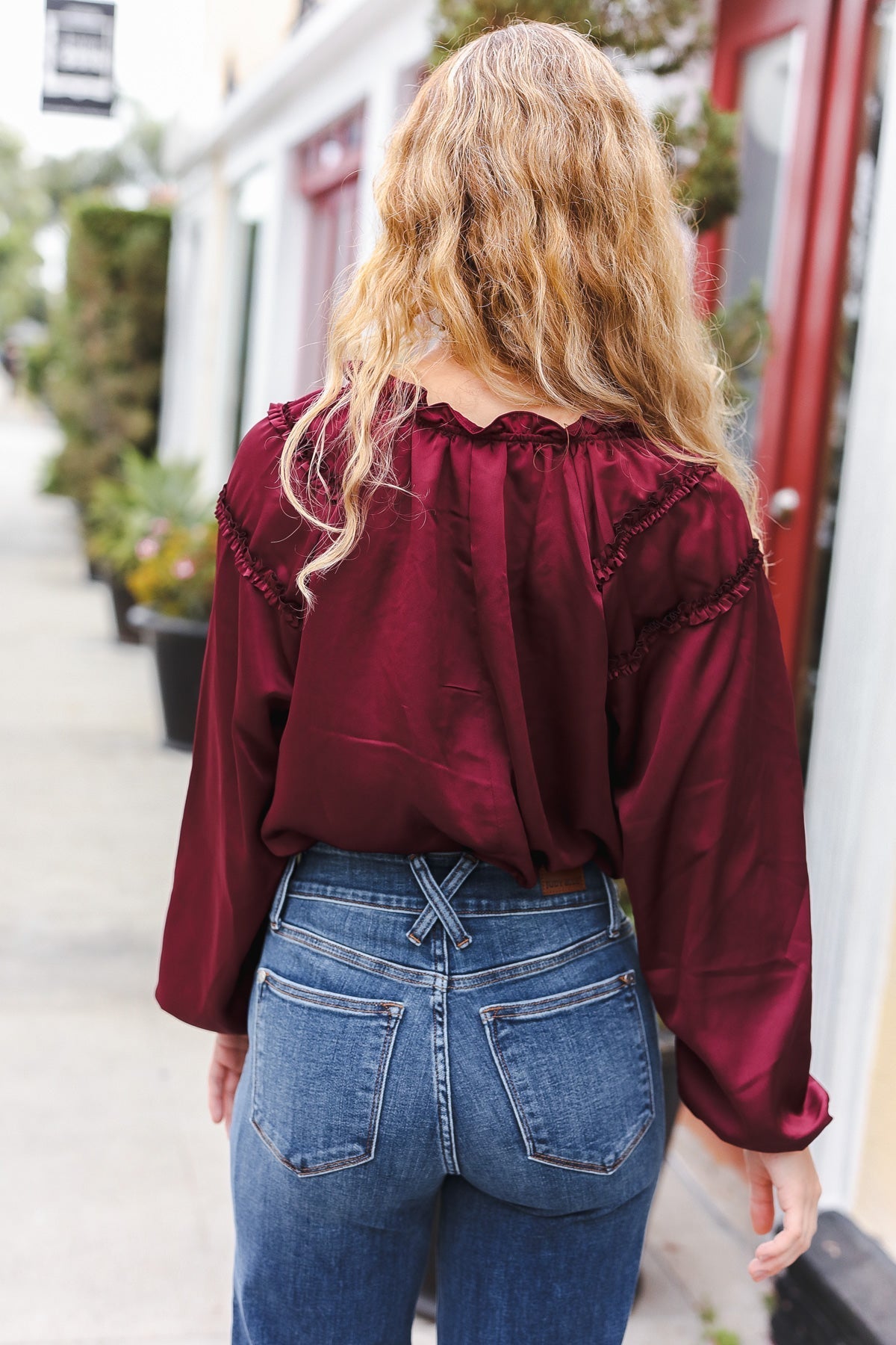 Holiday Vibes Burgundy Frill Detail Tie Neck Satin Top - Bitsy Gypsy Boutique