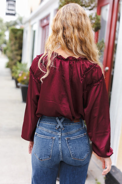 Holiday Vibes Burgundy Frill Detail Tie Neck Satin Top - Bitsy Gypsy Boutique