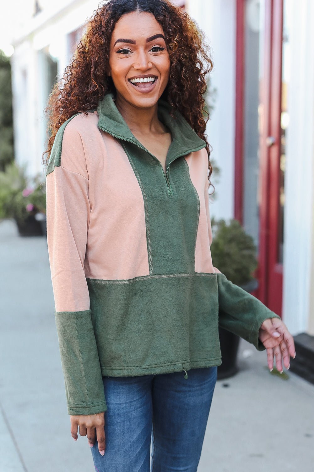Holiday Vibes Taupe/Green Fleece Zip Up Cinched Hem Pullover - Bitsy Gypsy Boutique