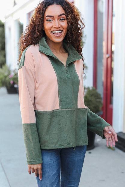 Holiday Vibes Taupe/Green Fleece Zip Up Cinched Hem Pullover - Bitsy Gypsy Boutique