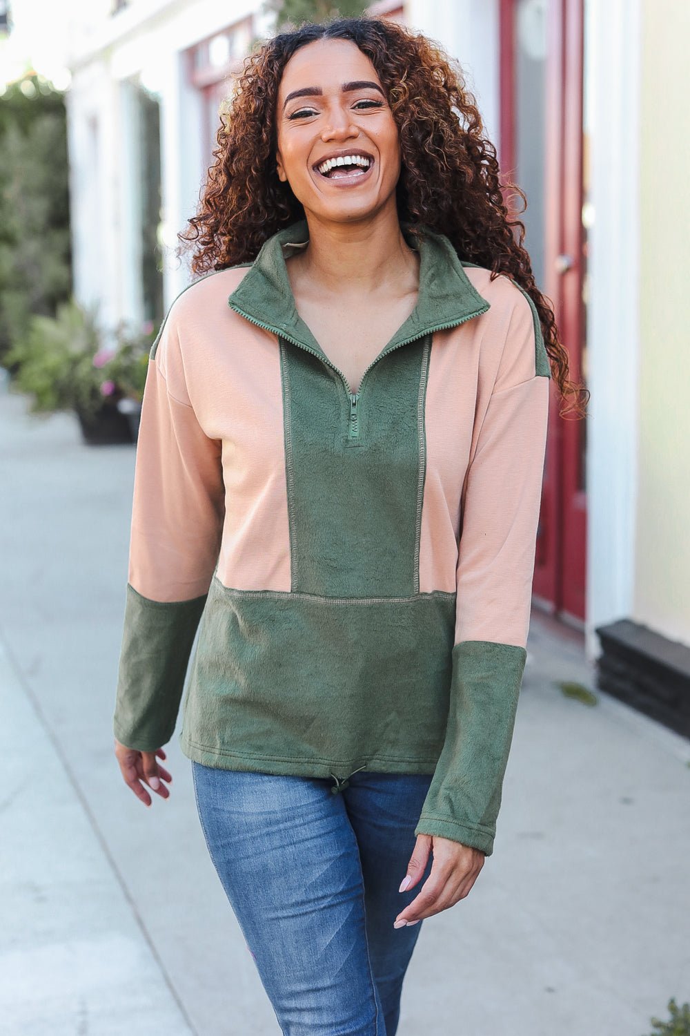 Holiday Vibes Taupe/Green Fleece Zip Up Cinched Hem Pullover - Bitsy Gypsy Boutique