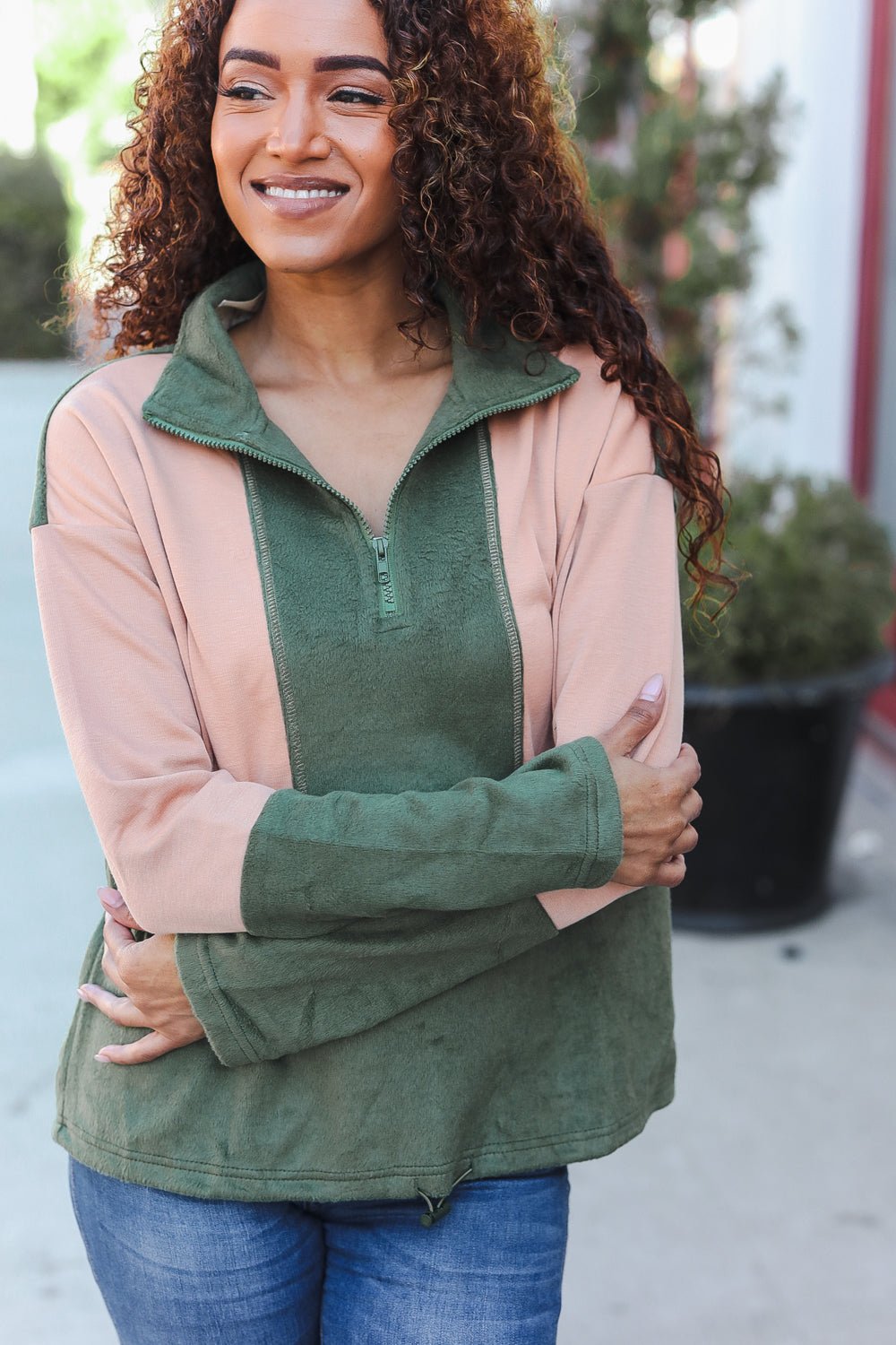 Holiday Vibes Taupe/Green Fleece Zip Up Cinched Hem Pullover - Bitsy Gypsy Boutique