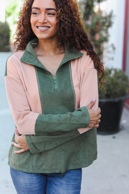 Holiday Vibes Taupe/Green Fleece Zip Up Cinched Hem Pullover - Bitsy Gypsy Boutique