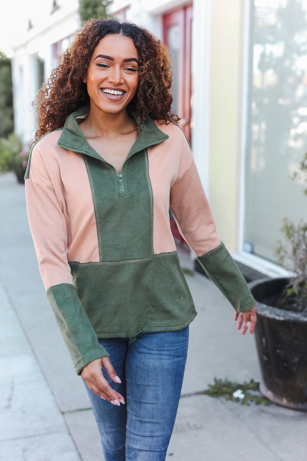 Holiday Vibes Taupe/Green Fleece Zip Up Cinched Hem Pullover - Bitsy Gypsy Boutique