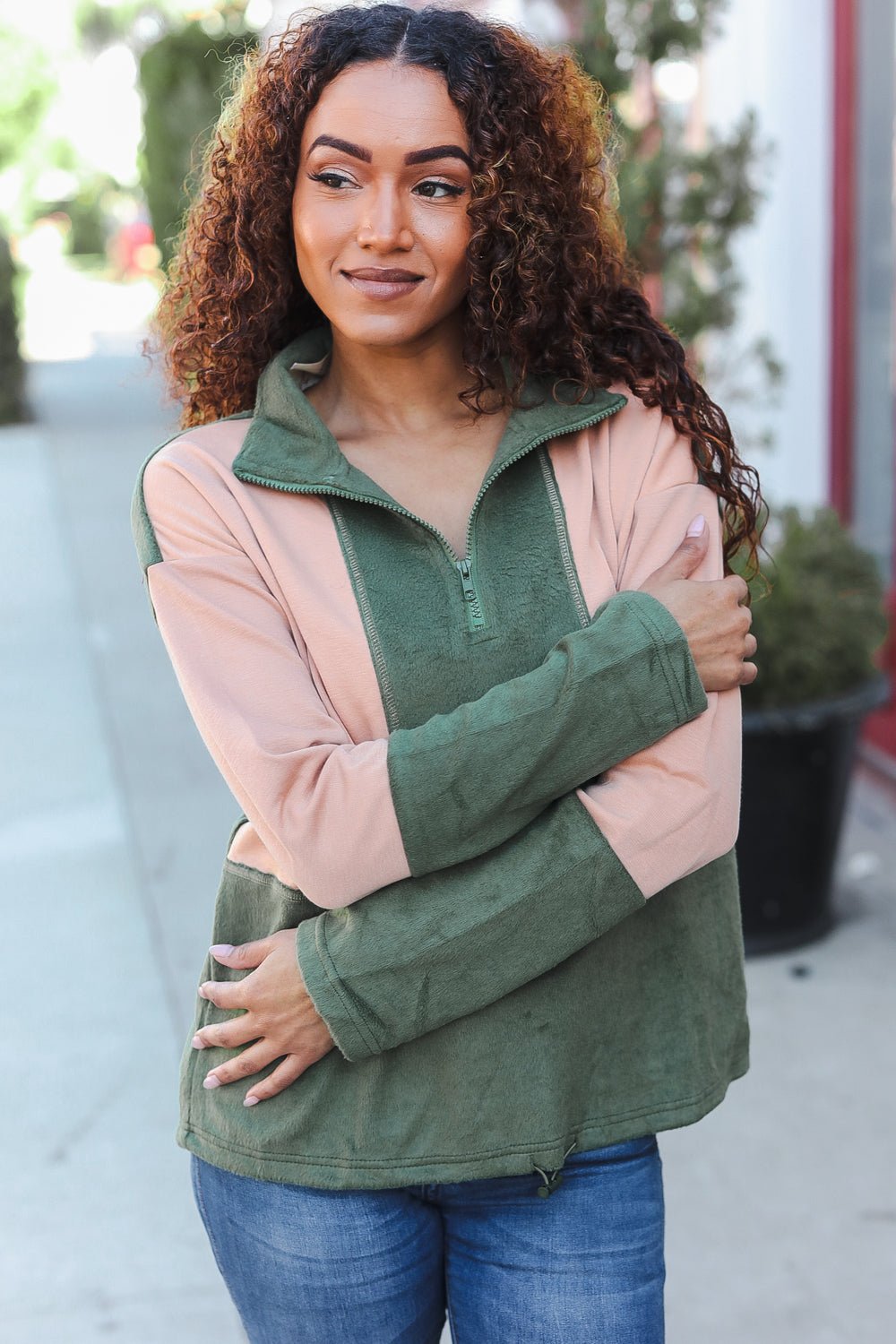 Holiday Vibes Taupe/Green Fleece Zip Up Cinched Hem Pullover - Bitsy Gypsy Boutique