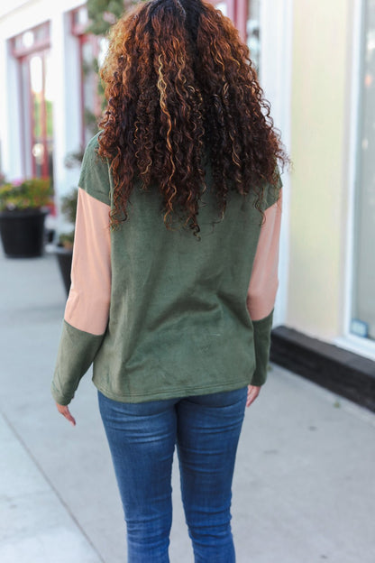 Holiday Vibes Taupe/Green Fleece Zip Up Cinched Hem Pullover - Bitsy Gypsy Boutique