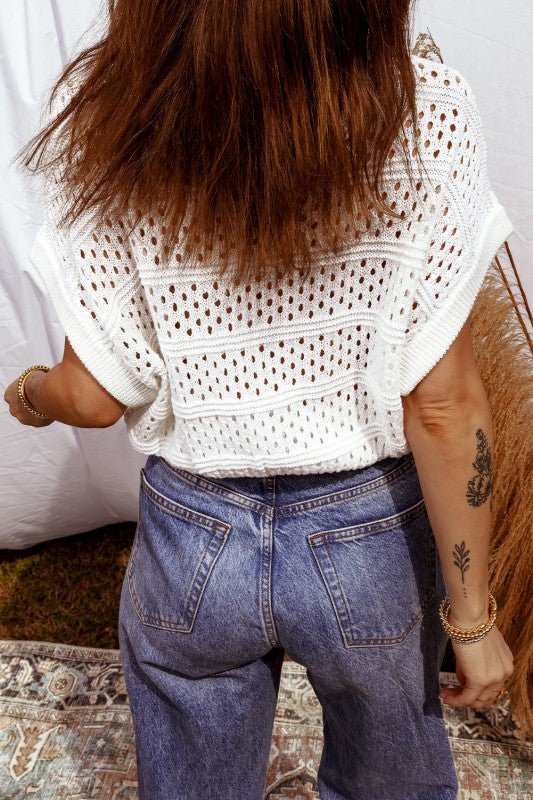 Hollow - Out Knit Round Neck Dolman Sweater - Bitsy Gypsy Boutique