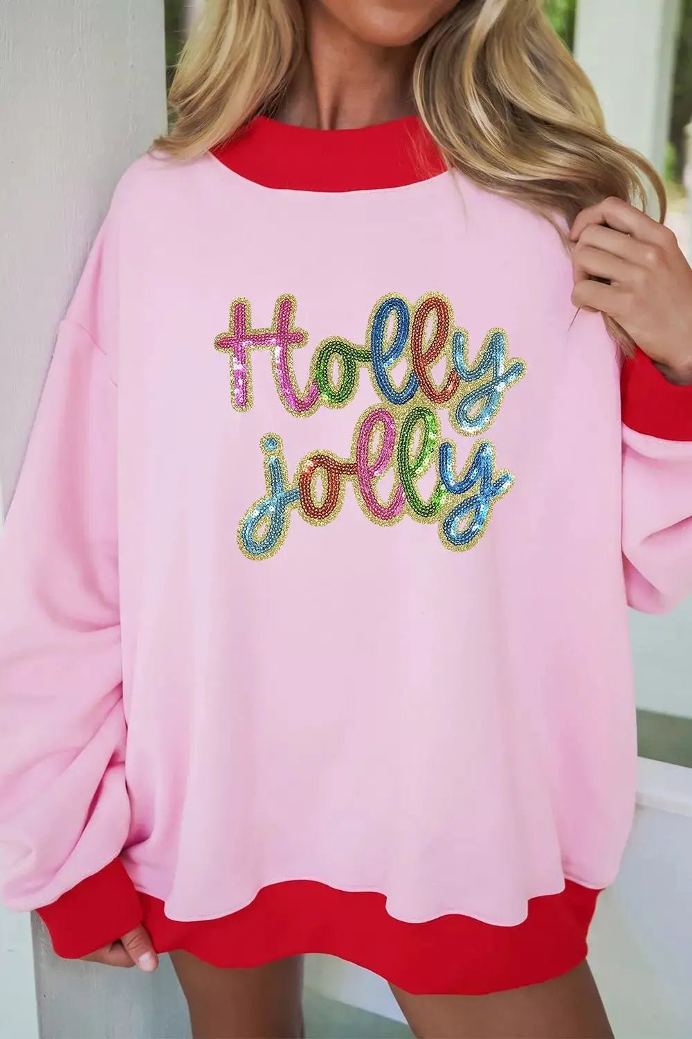 Holly Jolly Sequin Mock Neck Color Block Sweatshirt - Bitsy Gypsy Boutique